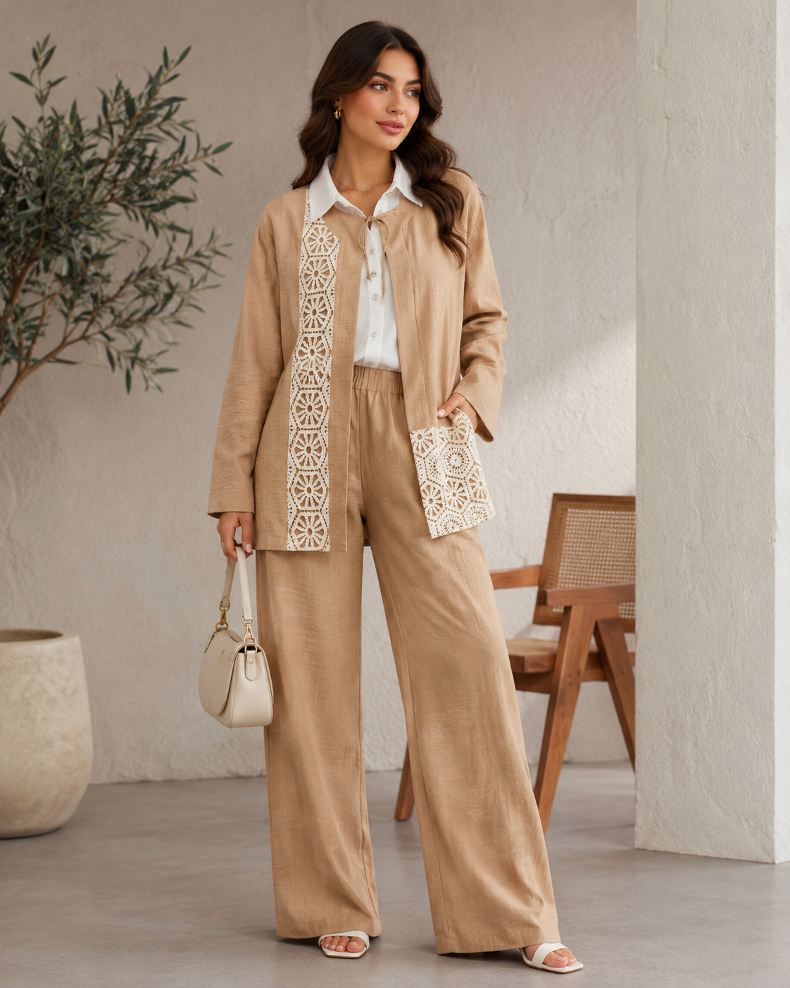 Beyond | Amara Lace Trim Linen Set – Camel